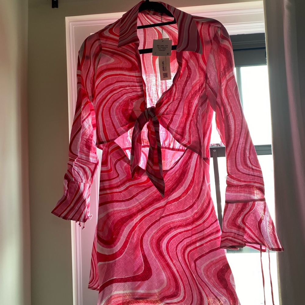 Pink Zara Front-Tie Linen Dress